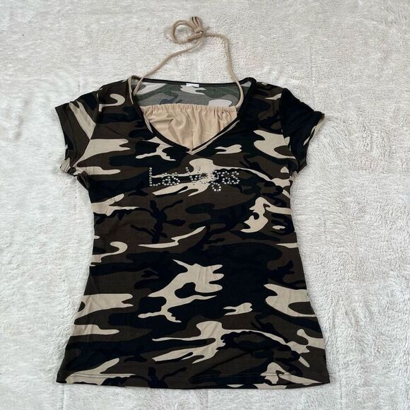 Vintage Y2K Camo Camouflage Rhinestone Las Vegas Halter Tee T Shirt - Picture 1 of 6